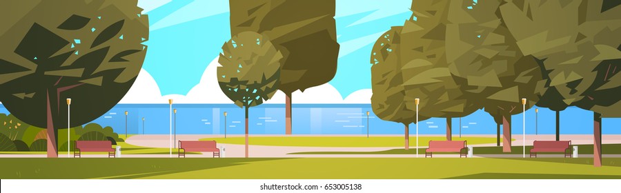 Summer City Park Near River Bank Green Trees And Wooden Benches Vector Illustration