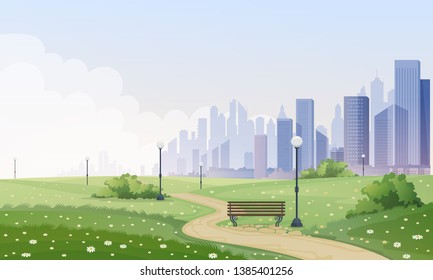 Summer city park panorama. City skyline, vector image.