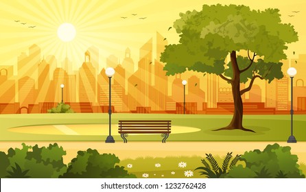 Summer city park panorama at sunset, vector illustration. Park in the modern city. Ecology in big city.