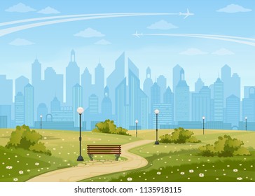 Summer city park panorama vector illustration.