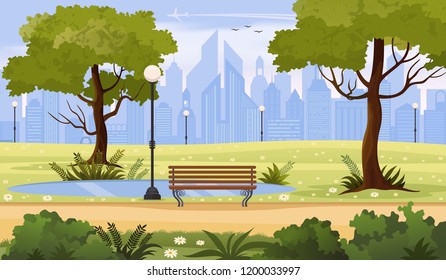 Summer city park panorama vector illustration.