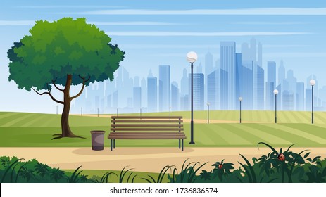 Summer city park panorama. Vector illustration.