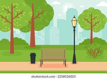 Summer city park panorama vector illustration, City park with green trees and benches