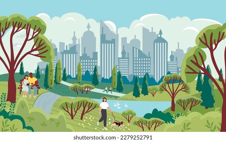 Summer city park with people resting.Landscape with a metropolis on the horizon, trees and a pond. A couple sitting on a bench, a girl walking a dog.Vector flat cartoon illustration. 