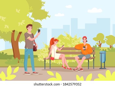 Summer city park with people vector illustration. Cartoon flat young woman man friend characters sitting on bench in city park, holding smartphone in hand for selfie or chat in social media background