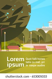 Summer City Park With Town Building Background Green Trees And Wooden Bench Vector Illustration