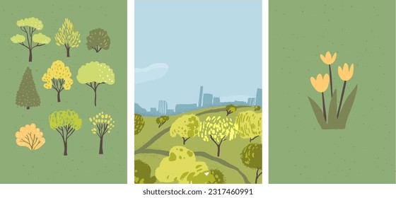 Sommer in der Stadt Plakate gesetzt, verschiedene Bäume, Park für Picknick. Blumen wachsen. Einfache, vektor-flache Außenillustrationen