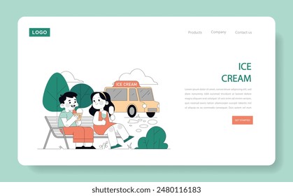 Summer in the city scene with couple enjoying ice cream on a bench near a food truck. Leisure moments in warm weather. Vector illustration.