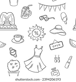 Summer city shopping. Dress, hat, accessories, perfume. Vector doodle illustrations on white background.