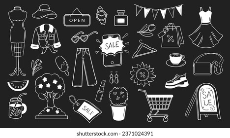 Summer city shopping. Goods sale. Doodle set on dark background. Clothing, shoes, perfume, jewelry, accessories.