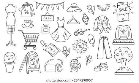 Summer city shopping. Goods for the whole family sale. Doodle set of elements. Clothing, shoes, perfume, jewelry, accessories.