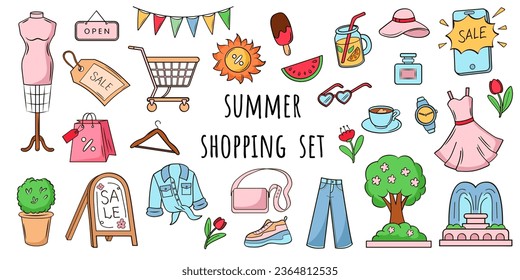 Summer city shopping. Shopping mall. Sale. Colour doodle set of elements. Clothing, shoes, perfume, jewelry, accessories.