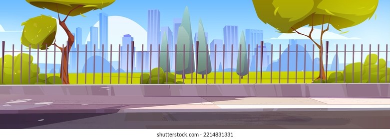 Sommerskyline der Stadt, urbaner Hintergrund mit Wolkenkratzern, Bäumen, grünem Rasen und Wege entlang des Metallzauns. Stadtbild, Innenstadt mit architektonischen Wohngebäuden, Vektorgrafik von Cartoon