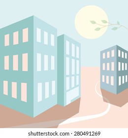 Summer in the city street. Simple vector illustration. Flat style.
