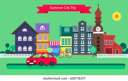 Summer city trip vector flat design illustration. Town landscape with the car. Good concept for travel blogging. Cool poster design.