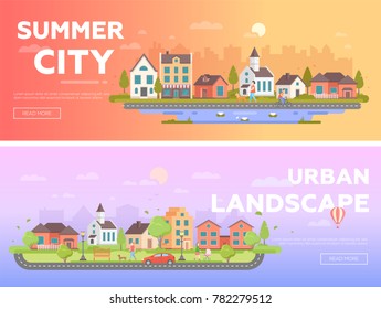 Summer city, urban landscape - set of modern flat vector illustrations with place for text. Two variants of cityscapes with lovely buildings, people, church, benches, lanterns, trees, hot air balloon