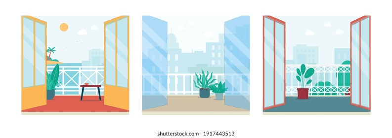 Summer city view from balcony with open double doors -set of urban landscapes seen from apartment building apartment interior, cozy outdoor terrace vector illustration.