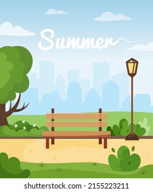 Summer cityscape with bench, lantern, path, tree, bushes and city skyline. Summer landscape postcard, poster. Vector illustration in flat style