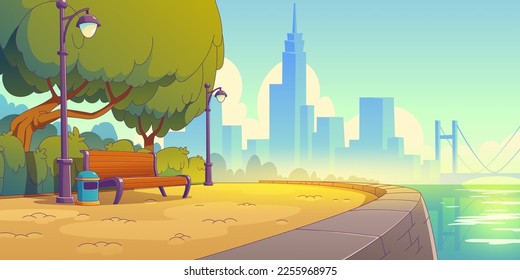 Summer cityscape with benches in park on river bank. Vector contemporary cartoon illustration, modern riverside city landscape with urban skyscrapers and bridge background, sunny empty public garden