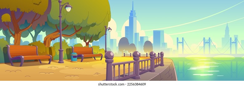 Summer cityscape with benches in park on river bank. Vector contemporary illustration of modern riverside city landscape with urban skyscrapers and bridge background, sunrise over empty public garden