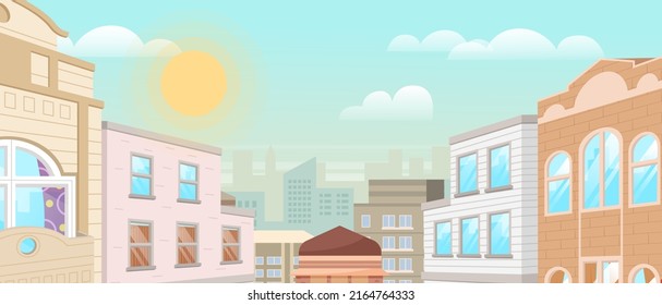 Versiones del día del paisaje urbano de verano. Conjunto de paisajes urbanos con sol y luna sobre edificios. Calle de la ciudad, iluminación por la mañana y por la noche, barrio urbano con antiguas casas orientales