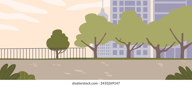 Summer Cityscape with Empty Street, Park Area with Green Trees, and Distant Skyscrapers Shimmer Against The Dusk Sky