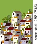 Summer cityscape geometric vector illustration. Hillside town building in scandinavian architecture, residental houses background. Villages, trees, hill  view.