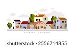 Summer cityscape geometric vector illustration. Hillside town building in scandinavian architecture, residental houses background. Villages, trees, hill  view.