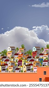 Summer cityscape geometric vector illustration. Hillside town building in scandinavian architecture, residental houses background. Villages, trees, hill  view.