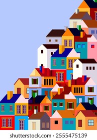 Summer cityscape geometric vector illustration. Hillside town building in scandinavian architecture, residental houses background. Villages, trees, hill  view.