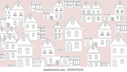 Summer cityscape geometric vector illustration. Hillside town building in scandinavian architecture, residental houses background. Villages, trees, hill  view.
