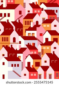 Summer cityscape geometric vector illustration. Hillside town building in scandinavian architecture, residental houses background. Villages, trees, hill  view.