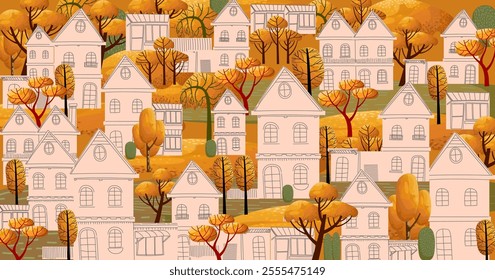 Summer cityscape geometric vector illustration. Hillside town building in scandinavian architecture, residental houses background. Villages, trees, hill  view.