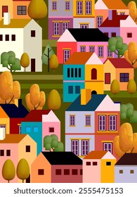 Summer cityscape geometric vector illustration. Hillside town building in scandinavian architecture, residental houses background. Villages, trees, hill  view.