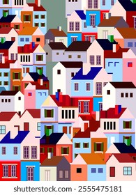 Summer cityscape geometric vector illustration. Hillside town building in scandinavian architecture, residental houses background. Villages, trees, hill  view.