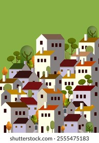 Summer cityscape geometric vector illustration. Hillside town building in scandinavian architecture, residental houses background. Villages, trees, hill  view.