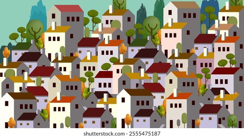 Summer cityscape geometric vector illustration. Hillside town building in scandinavian architecture, residental houses background. Villages, trees, hill  view.