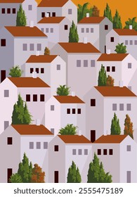 Summer cityscape geometric vector illustration. Hillside town building in scandinavian architecture, residental houses background. Villages, trees, hill  view.