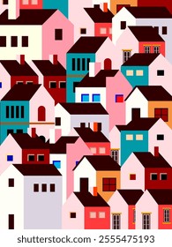 Summer cityscape geometric vector illustration. Hillside town building in scandinavian architecture, residental houses background. Villages, trees, hill  view.