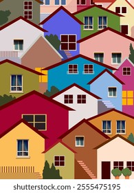 Summer cityscape geometric vector illustration. Hillside town building in scandinavian architecture, residental houses background. Villages, trees, hill  view.