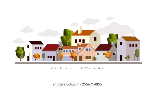 Summer cityscape geometric vector illustration. Hillside town building in scandinavian architecture, residental houses background. Villages, trees, hill  view.