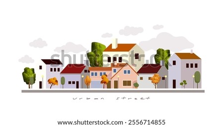 Summer cityscape geometric vector illustration. Hillside town building in scandinavian architecture, residental houses background. Villages, trees, hill  view.