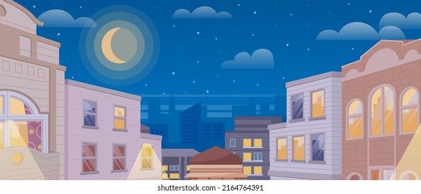 Summer cityscape night versions. Set of urban landscapes with sun and moon over buildings. Street of town morning and evening time lighting, urban district area with old oriental houses