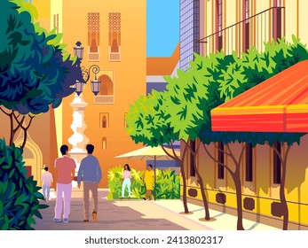 Summer cityscape with people in the foreground. Street scene with a fountain, trees and old buildings in the background. Handmade drawing vector illustration.