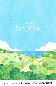 Summer cityscape and people vector illustration background.