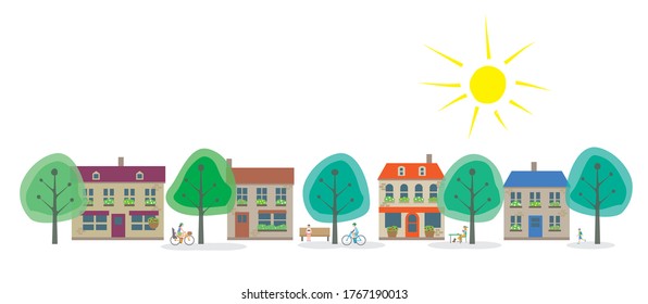 Paisaje urbano de verano y gente caminando
