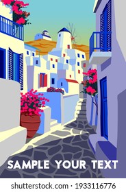 Paisaje urbano de verano con casas tradicionales en la isla de Mykonos, Grecia. Ilustración de vector de dibujo hecha a mano. Afiche de estilo retro.