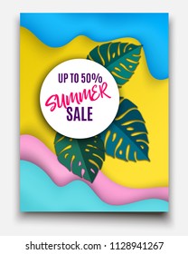 Summer Clearance Banner or Brochure Template. Final Sales Background with Monstera Leafs and Abstract Bright Waves on Yellow Backdrop. 