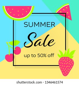 Summer clearance sale web banner template. Fresh berry frame with copyspace. Special offer, discount. Strawberry, cherry, watermelon vector border with headlines. Advertising social media post design