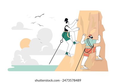 Sommer Kletteraktivität Illustration. Zwei Personen begeben sich an einem hellen Tag zum Felsklettern, was Abenteuer und Teamwork symbolisiert. Vektorillustration.